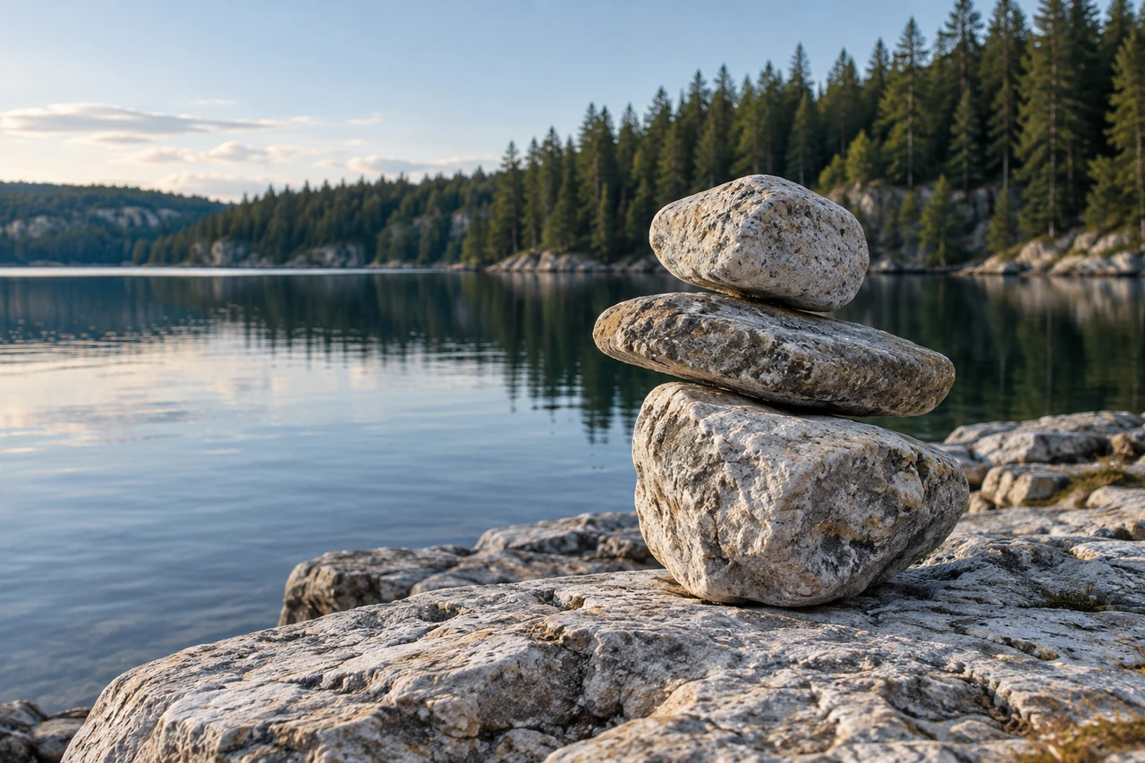 Balanced natural stones beside a still lake, with a quiet forest beyond